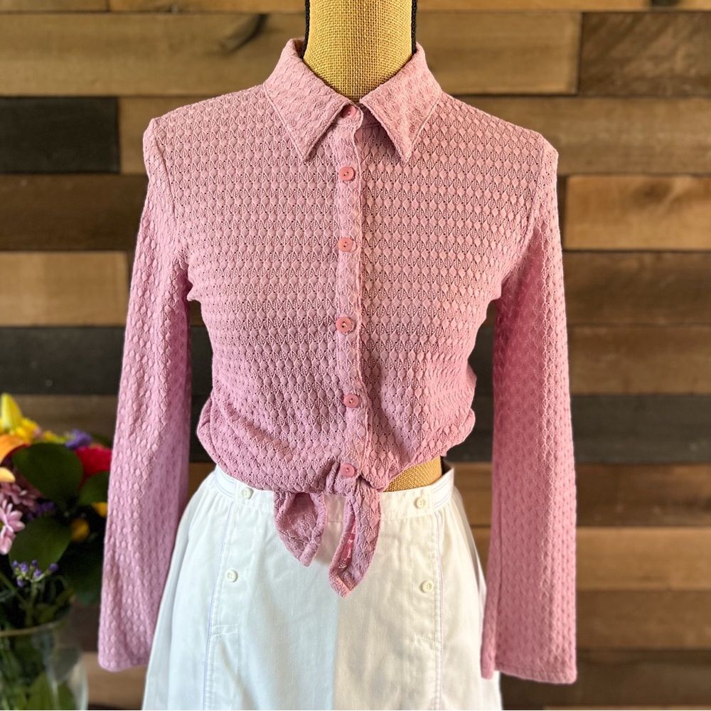 Nine & Co. Pink Textured Tie-Front Button Down Top